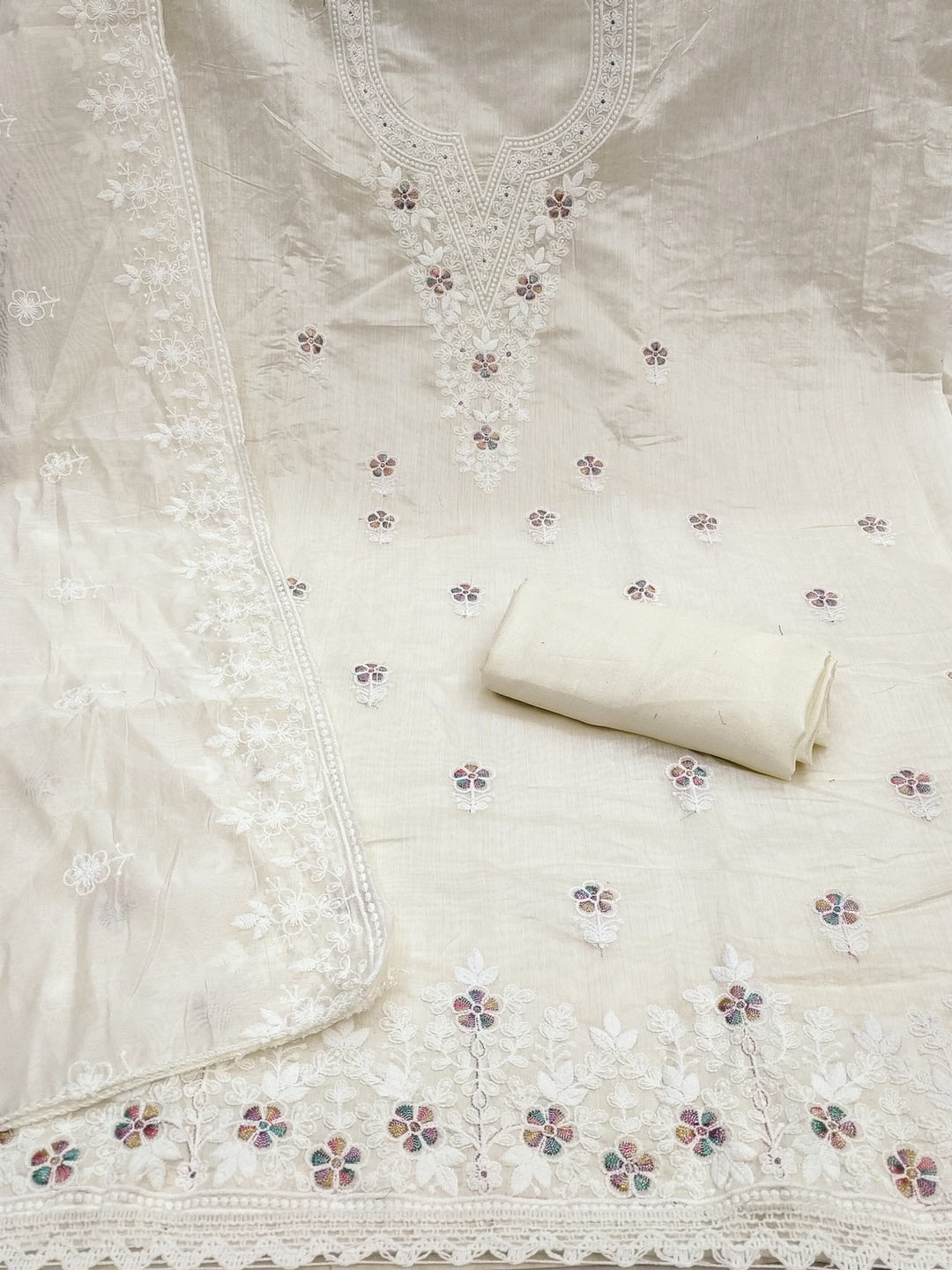 Peachmode Cream Thread Work Embroidered Chanderi Dress Material - Image 4