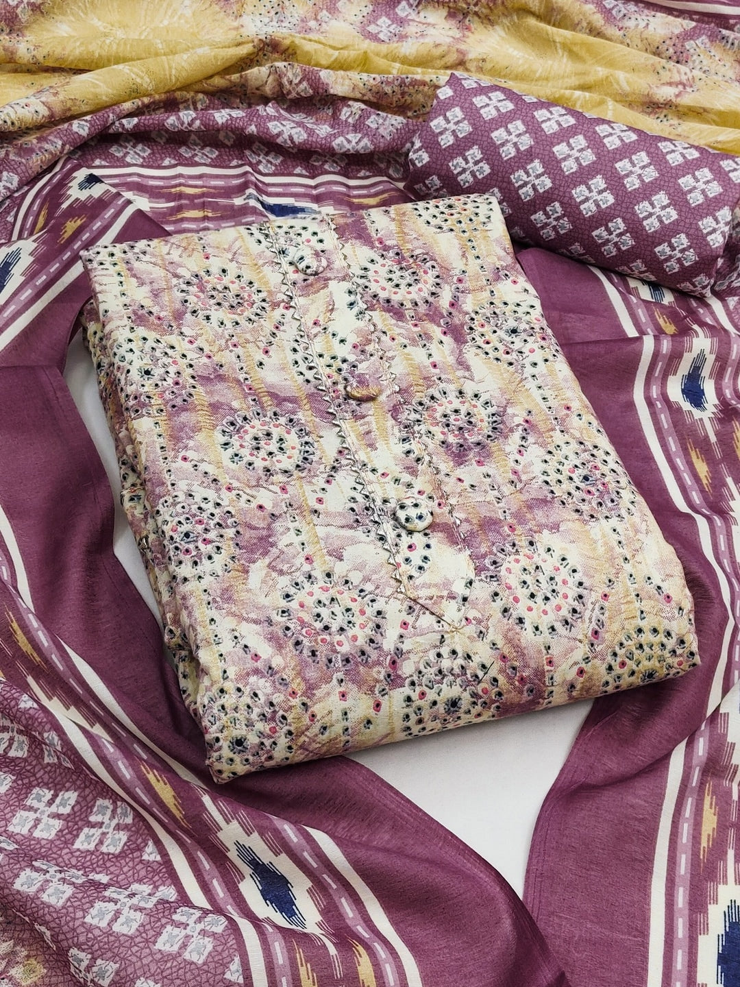 Peachmode Mauve Printed Cotton Blend Dress Material - Image 1