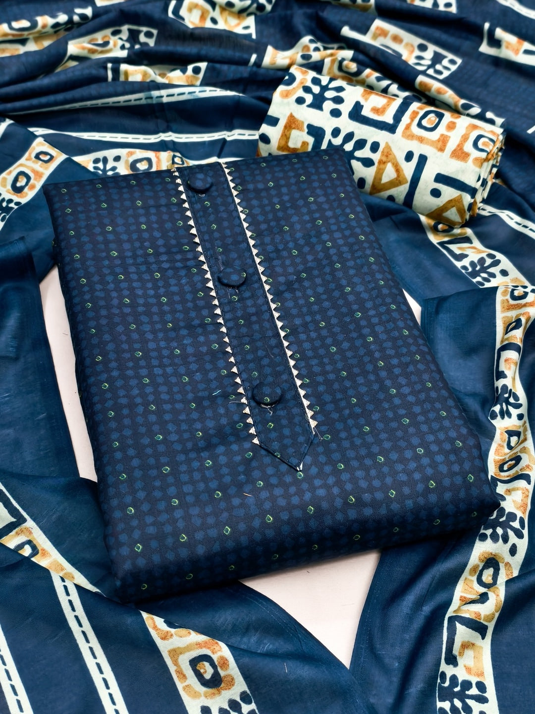Peachmode Navy Blue Printed Cotton Blend Dress Material - Image 1