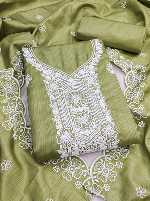 Peachmode Pista Green Chikankari Thread Work Jalpari Silk Dress Material - Image 1