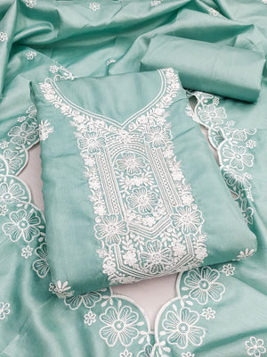 Peachmode Sea Green Chikankari Thread Work Jalpari Silk Dress Material - Image 1