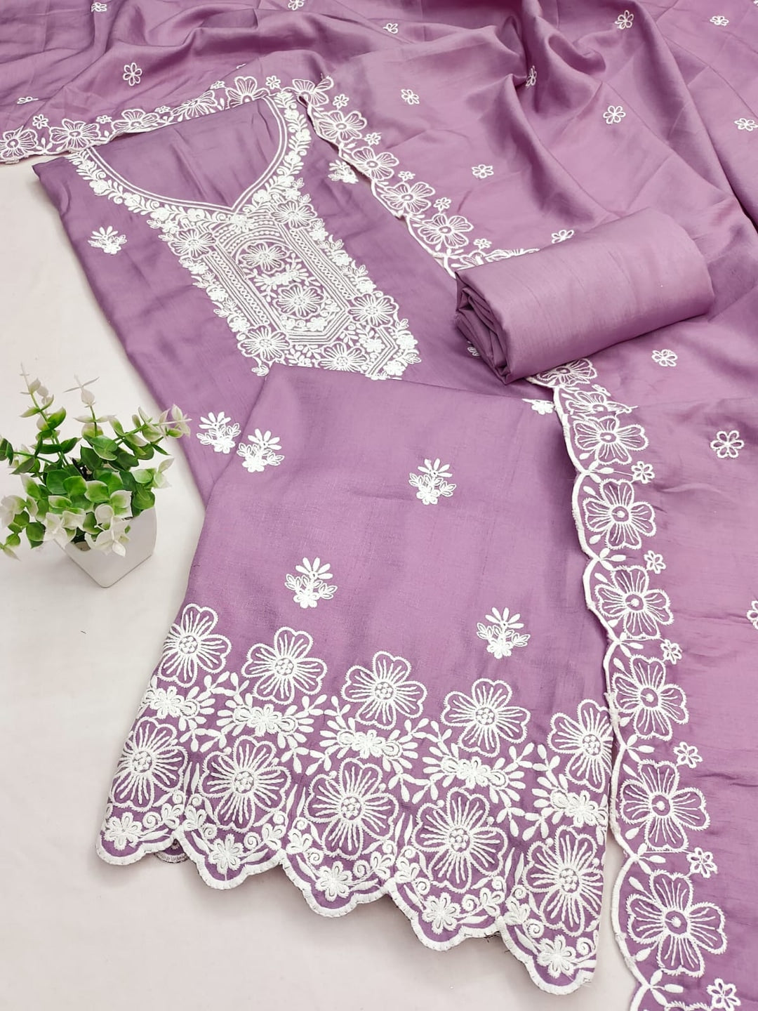 Peachmode Purple Chikankari Thread Work Jalpari Silk Dress Material - Image 3