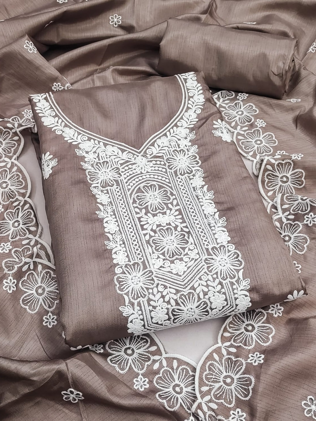 Peachmode Coffee Brown Chikankari Thread Work Jalpari Silk Dress Material - Image 1