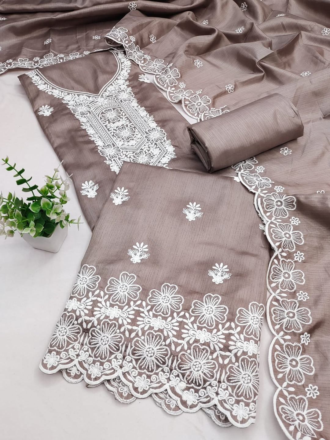 Peachmode Coffee Brown Chikankari Thread Work Jalpari Silk Dress Material - Image 3