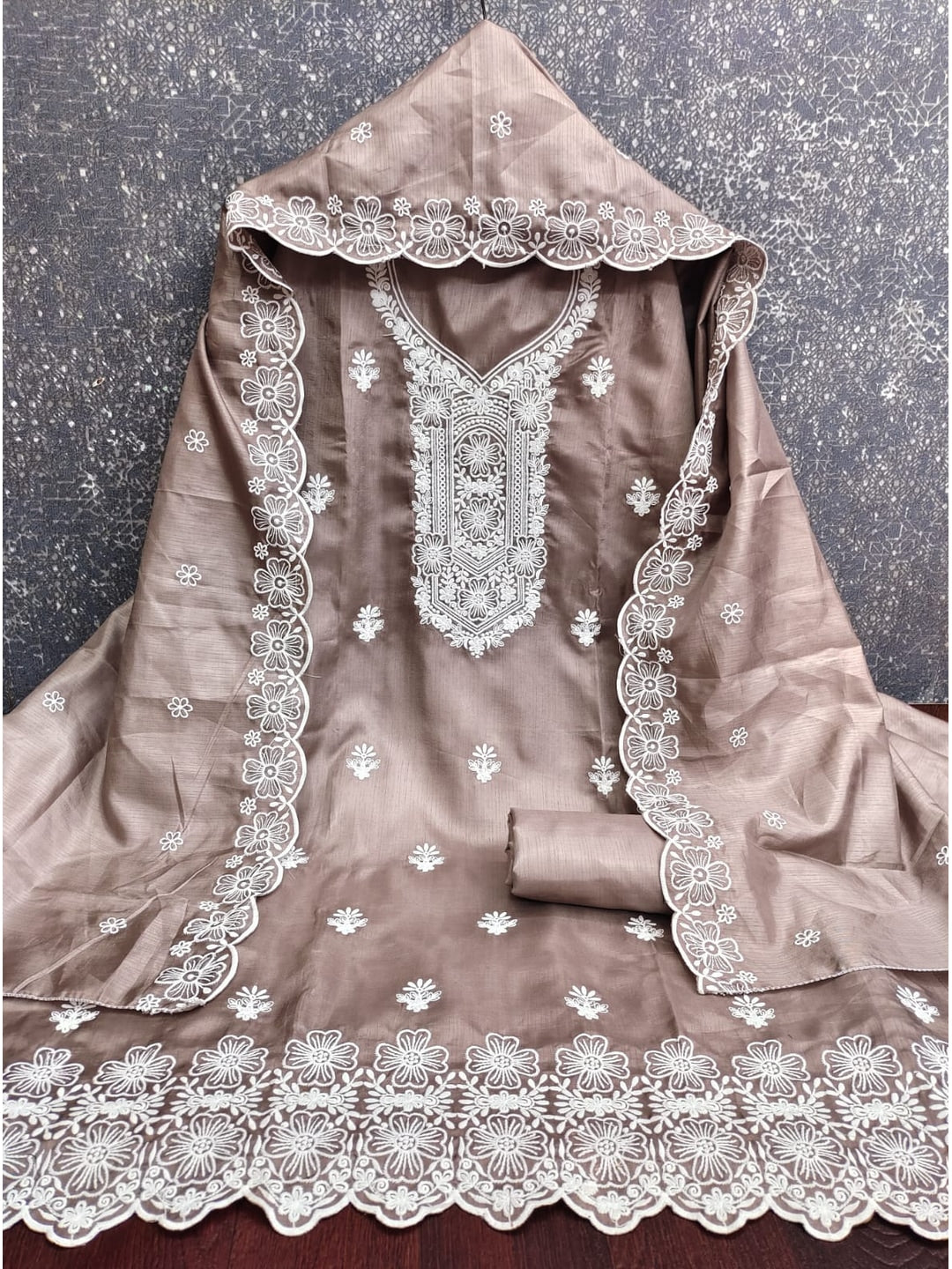 Peachmode Coffee Brown Chikankari Thread Work Jalpari Silk Dress Material - Image 4