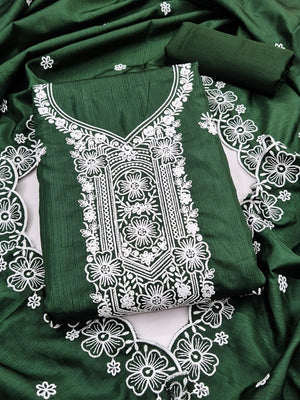 Peachmode Green Chikankari Thread Work Jalpari Silk Dress Material - Image 1