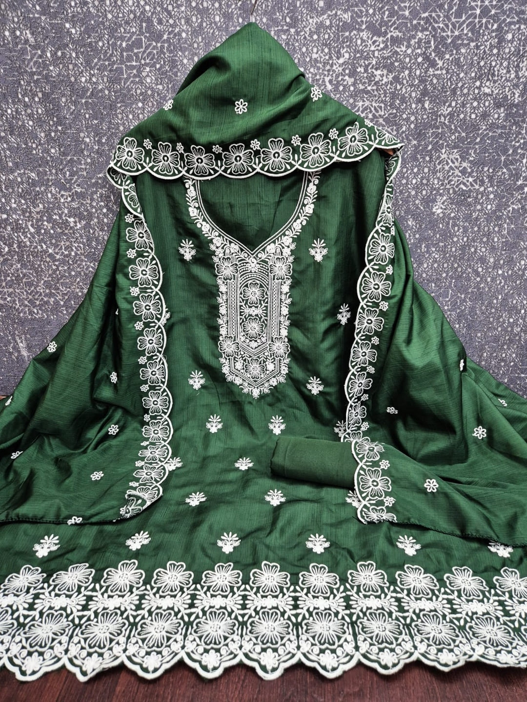 Peachmode Green Chikankari Thread Work Jalpari Silk Dress Material - Image 4