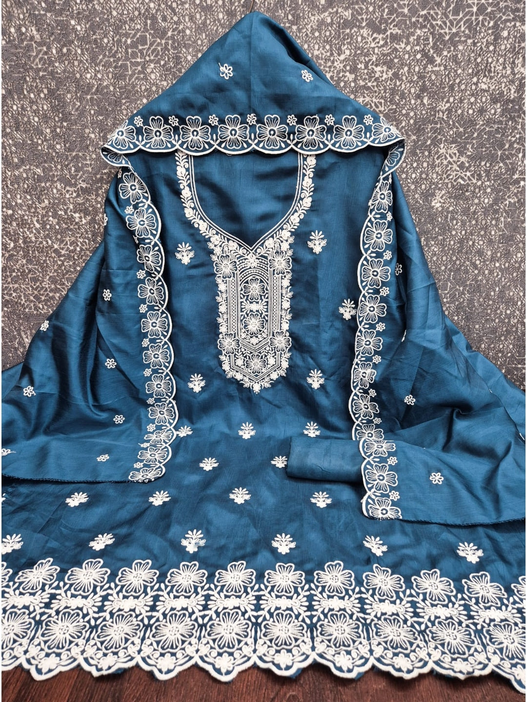 Peachmode Teal Chikankari Thread Work Jalpari Silk Dress Material - Image 4