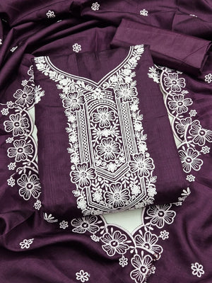 Peachmode Wine Chikankari Thread Work Jalpari Silk Dress Material - Image 1