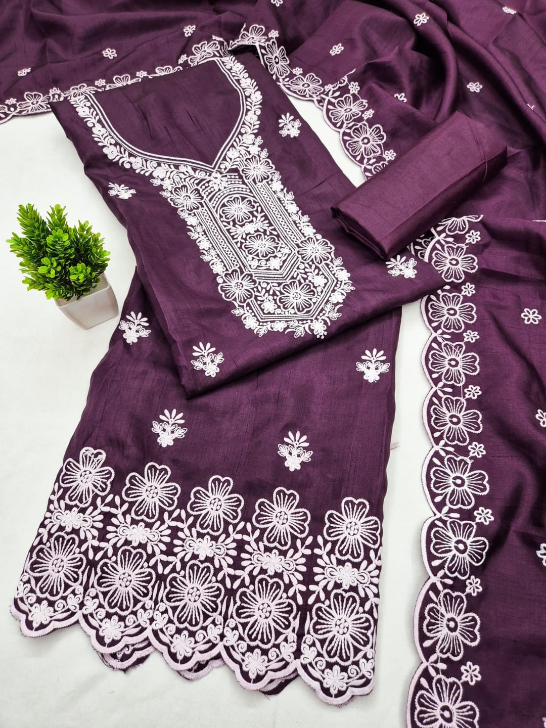 Peachmode Wine Chikankari Thread Work Jalpari Silk Dress Material - Image 3