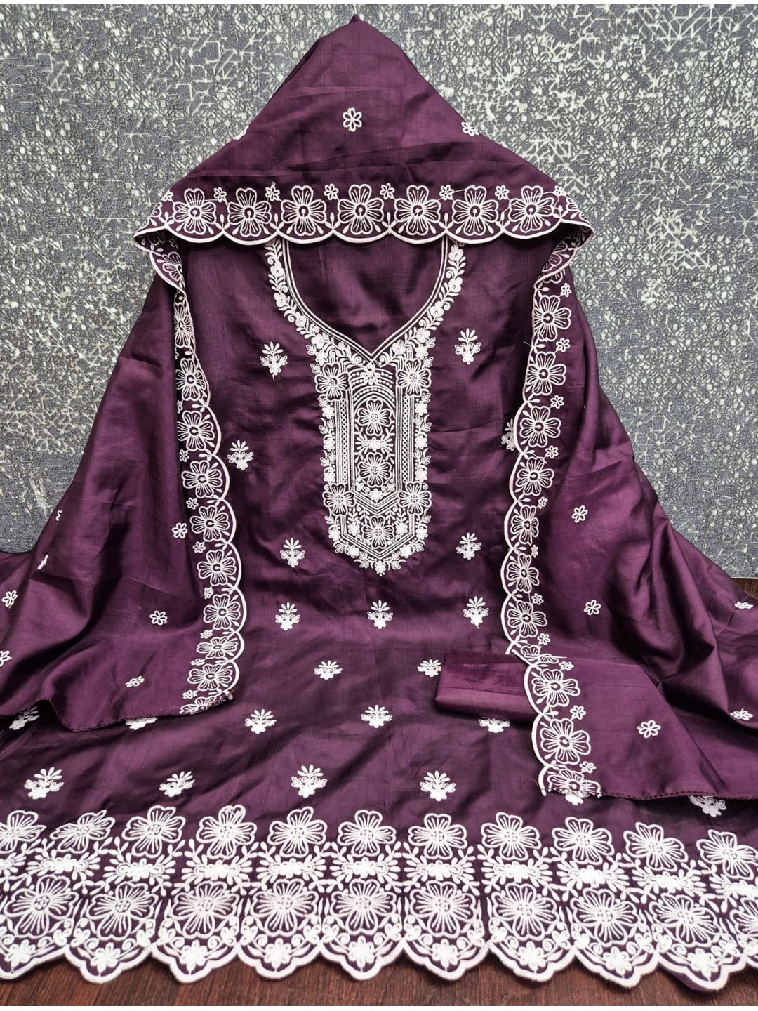 Peachmode Wine Chikankari Thread Work Jalpari Silk Dress Material - Image 4