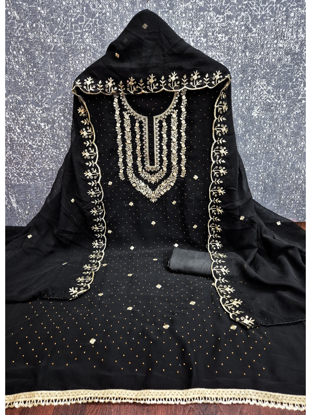 Peachmode Black Zari Work Georgette Dress Material - Image 4