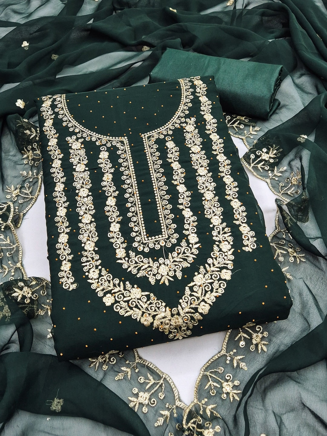 Peachmode Green Zari Work Georgette Dress Material - Image 1
