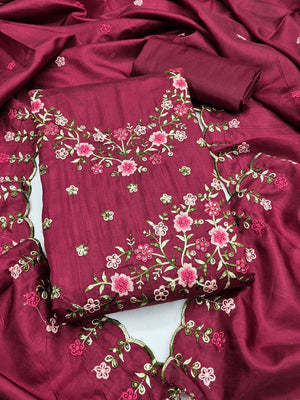 Peachmode Maroon Multi Thread Floral Embroidered Jalpari Silk Dress Material - Image 1