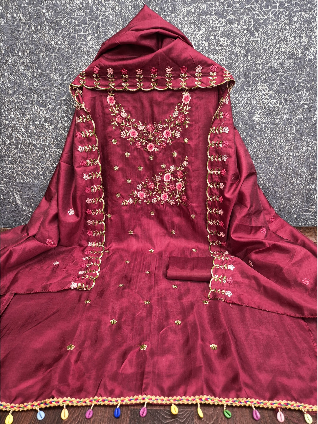 Peachmode Maroon Multi Thread Floral Embroidered Jalpari Silk Dress Material - Image 4