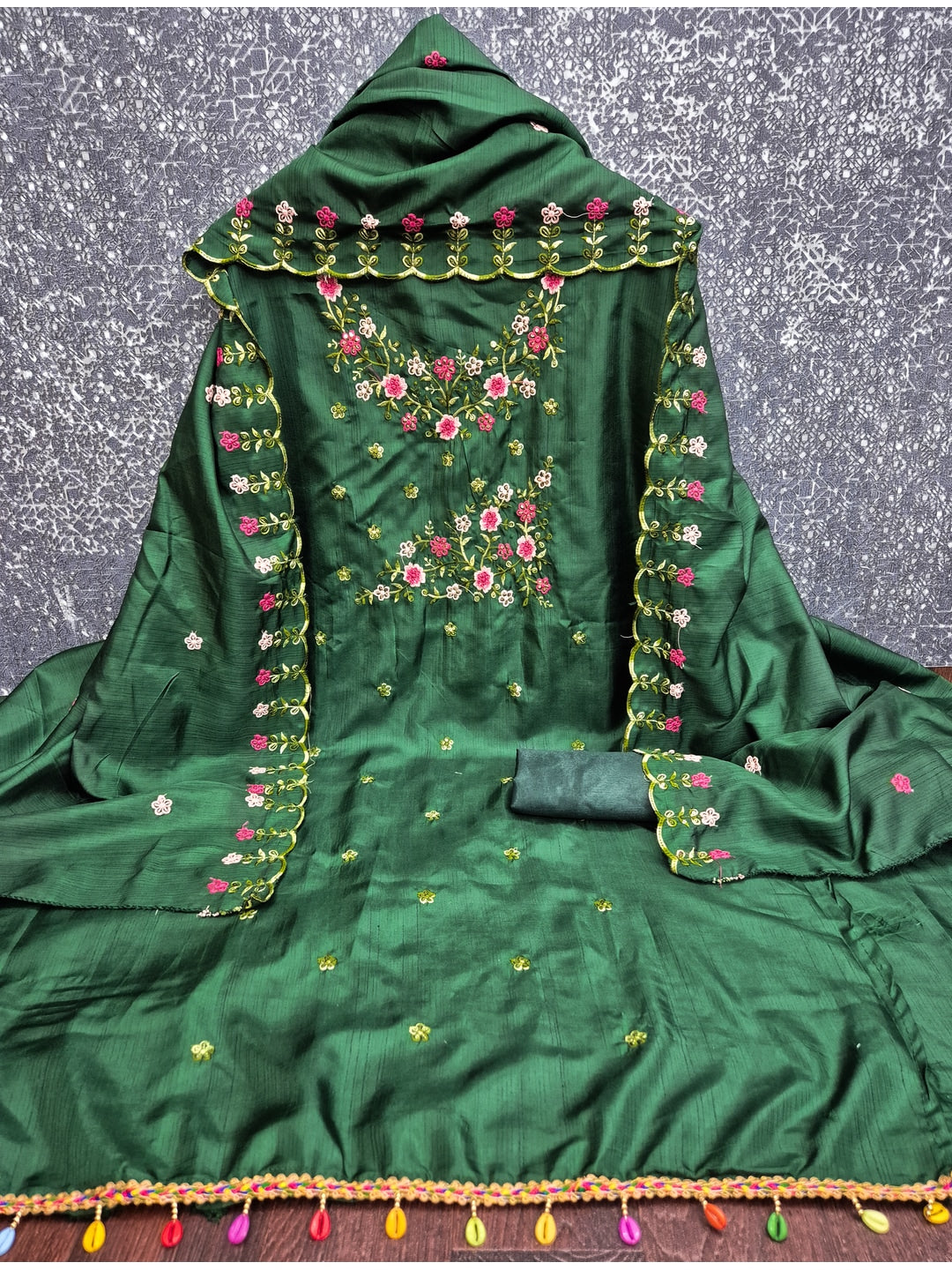 Peachmode Green Multi Thread Floral Embroidered Jalpari Silk Dress Material - Image 4