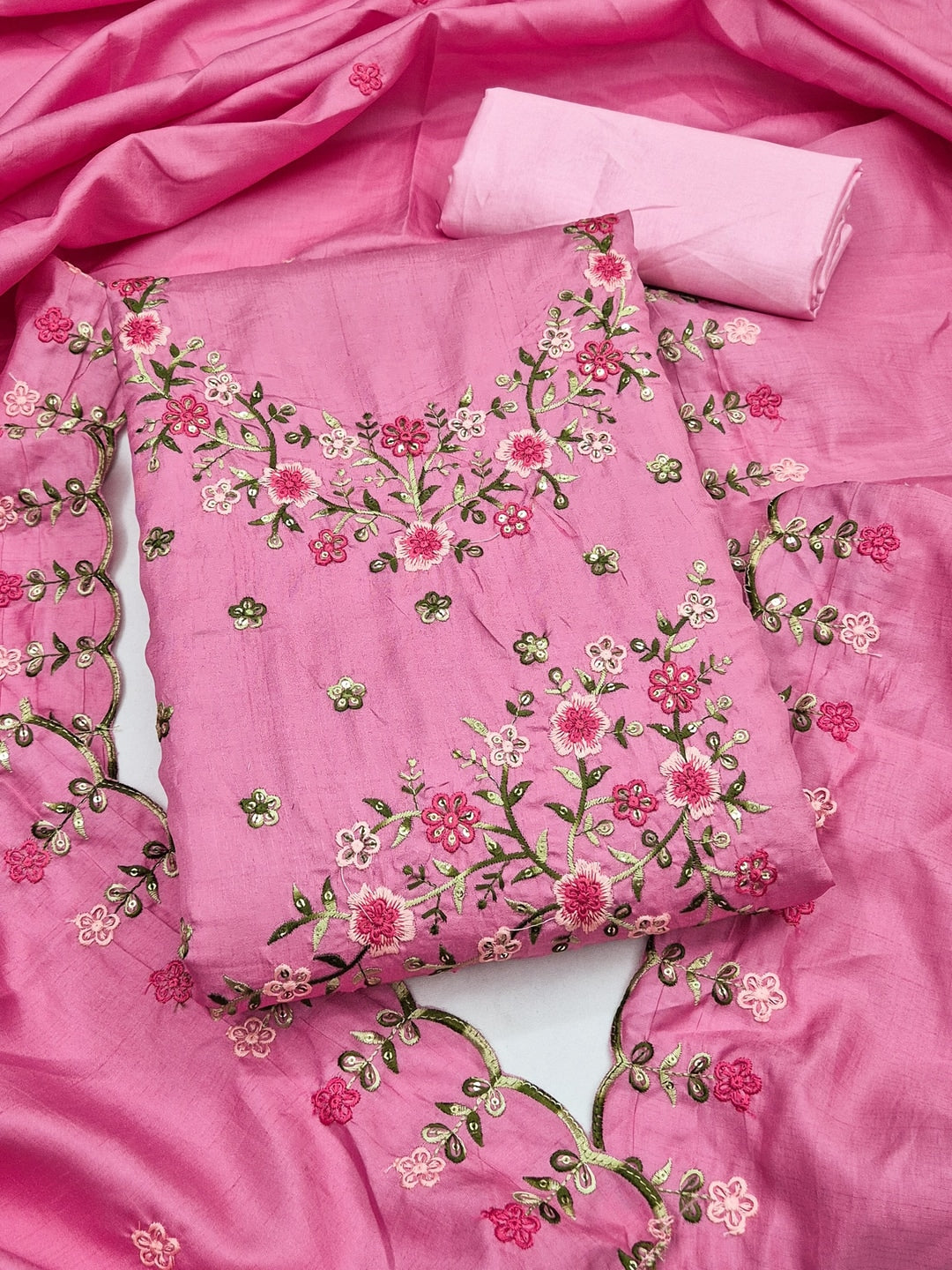 Peachmode Pink Multi Thread Floral Embroidered Jalpari Silk Dress Material - Image 1