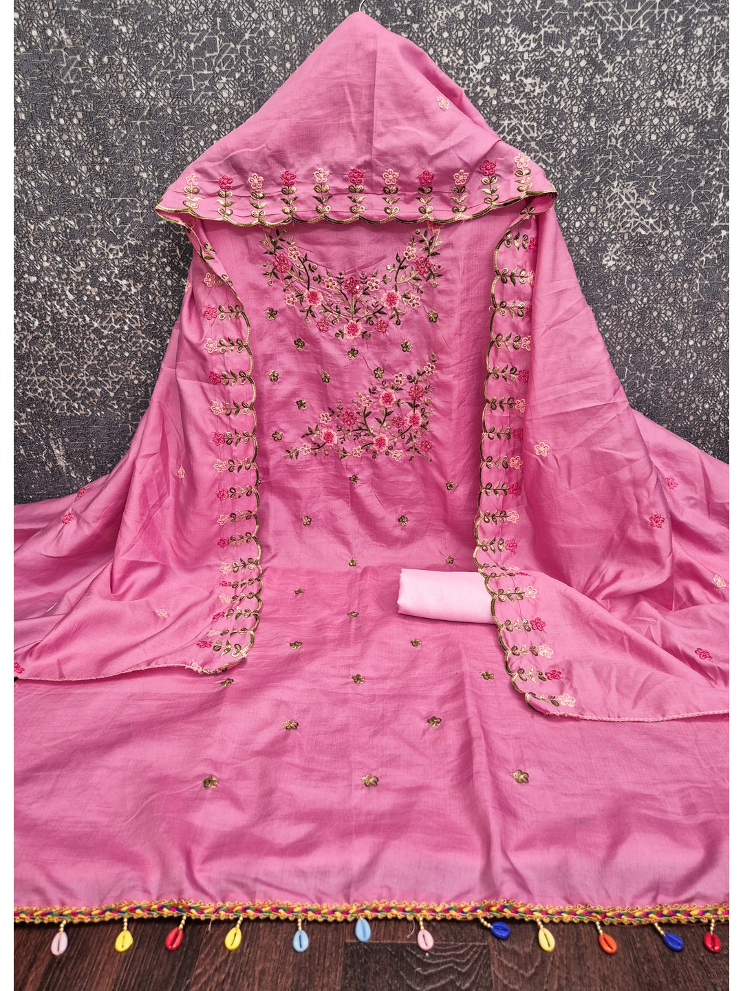 Peachmode Pink Multi Thread Floral Embroidered Jalpari Silk Dress Material - Image 4