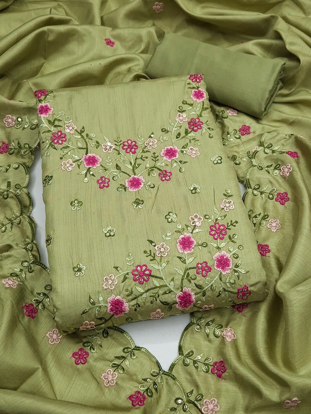 Peachmode Pista Green Multi Thread Floral Embroidered Jalpari Silk Dress Material - Image 1