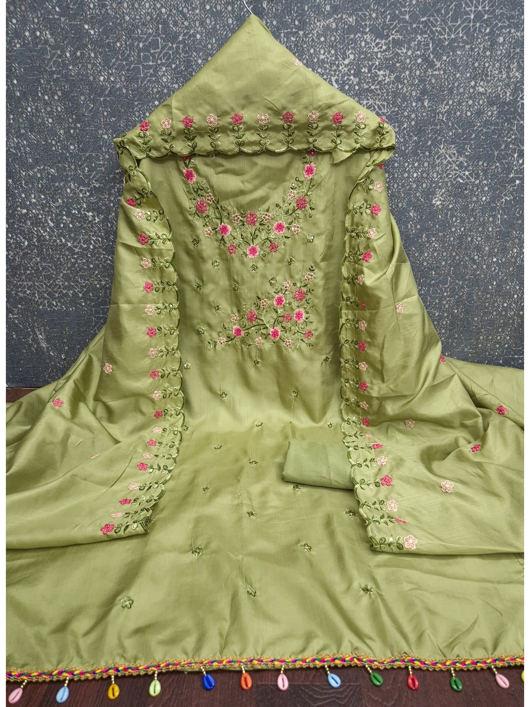 Peachmode Pista Green Multi Thread Floral Embroidered Jalpari Silk Dress Material - Image 4