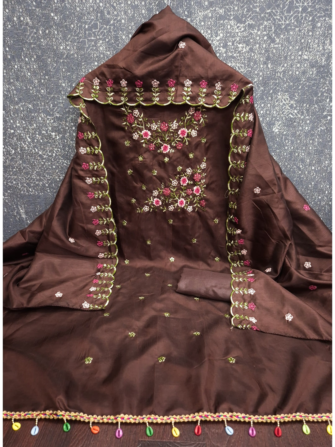 Peachmode Coffee Brown Multi Thread Floral Embroidered Jalpari Silk Dress Material - Image 3