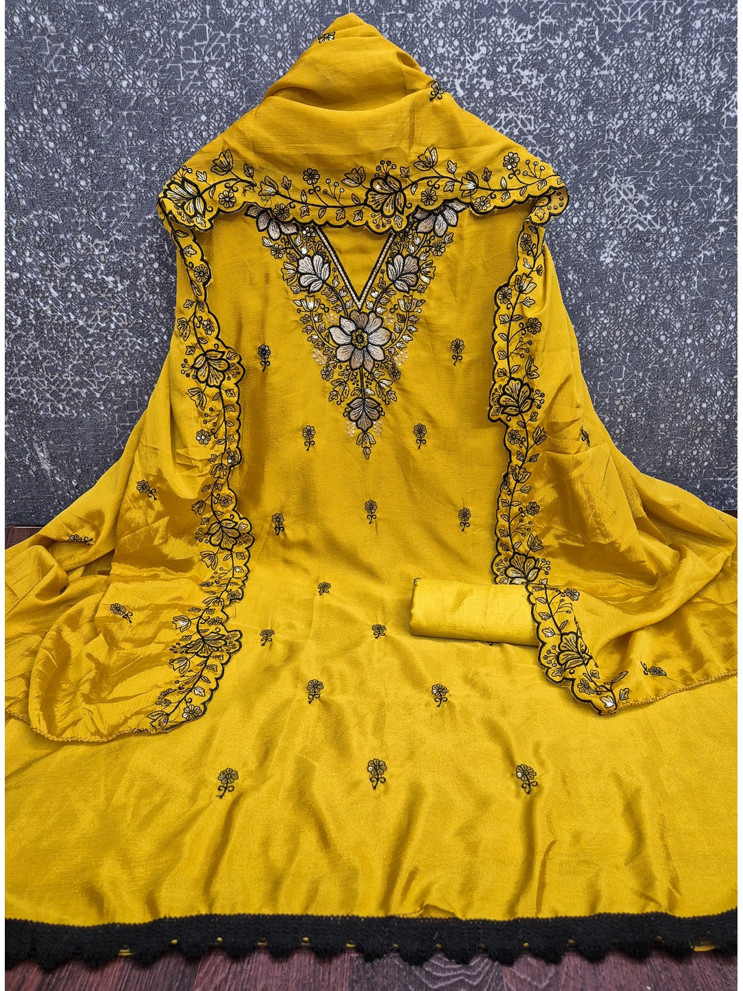 Peachmode Mustard Thread Sequin Embroidered Chinon Silk Dress Material - Image 4