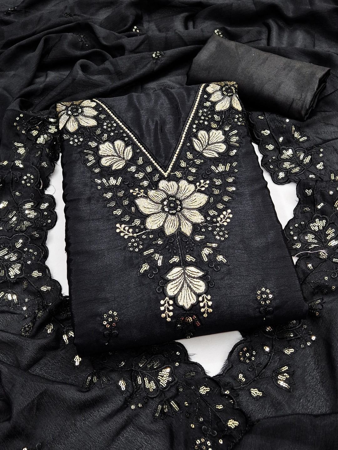 Peachmode Black Thread Sequin Embroidered Chinon Silk Dress Material - Image 1