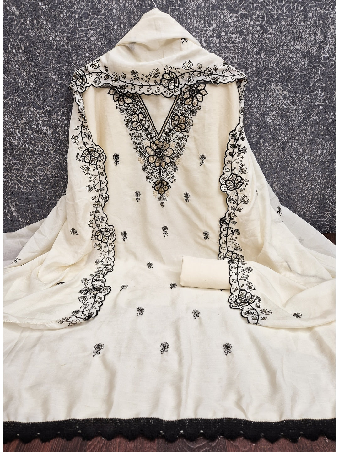 Peachmode Cream Thread Sequin Embroidered Chinon Silk Dress Material - Image 4