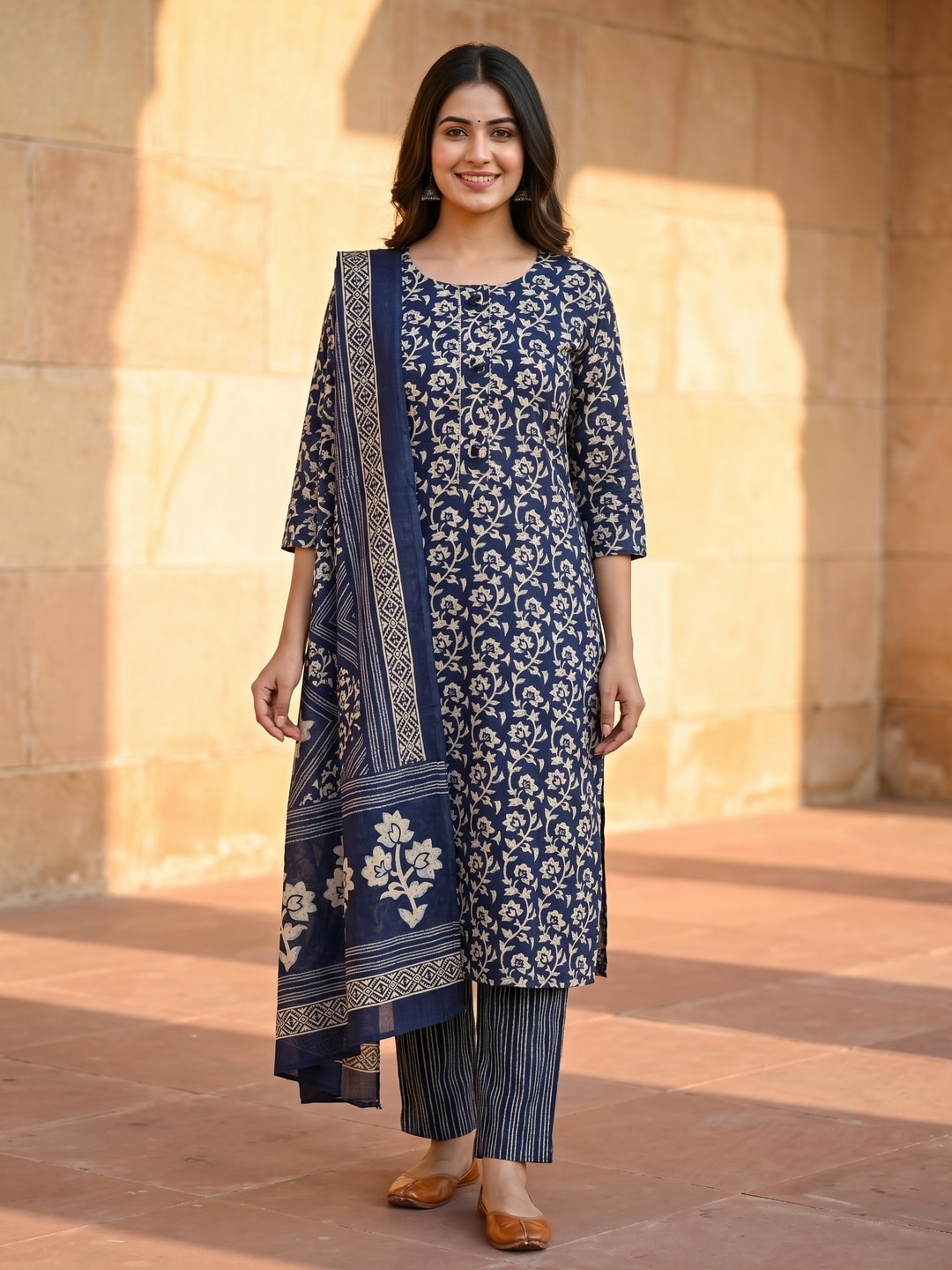 Peachmode Navy Blue Printed Cotton Blend Dress Material - Image 2