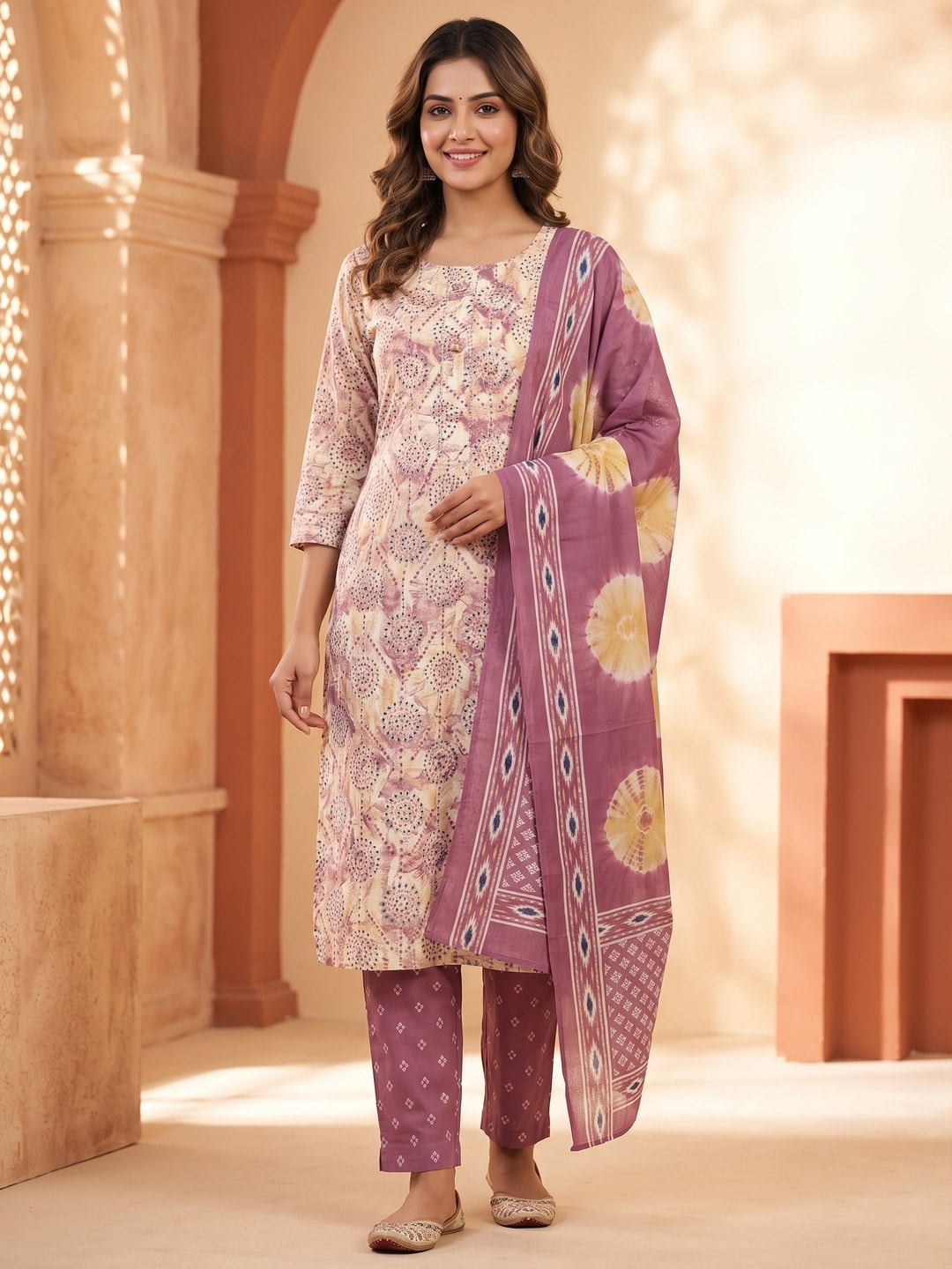 Peachmode Mauve Printed Cotton Blend Dress Material - Image 2