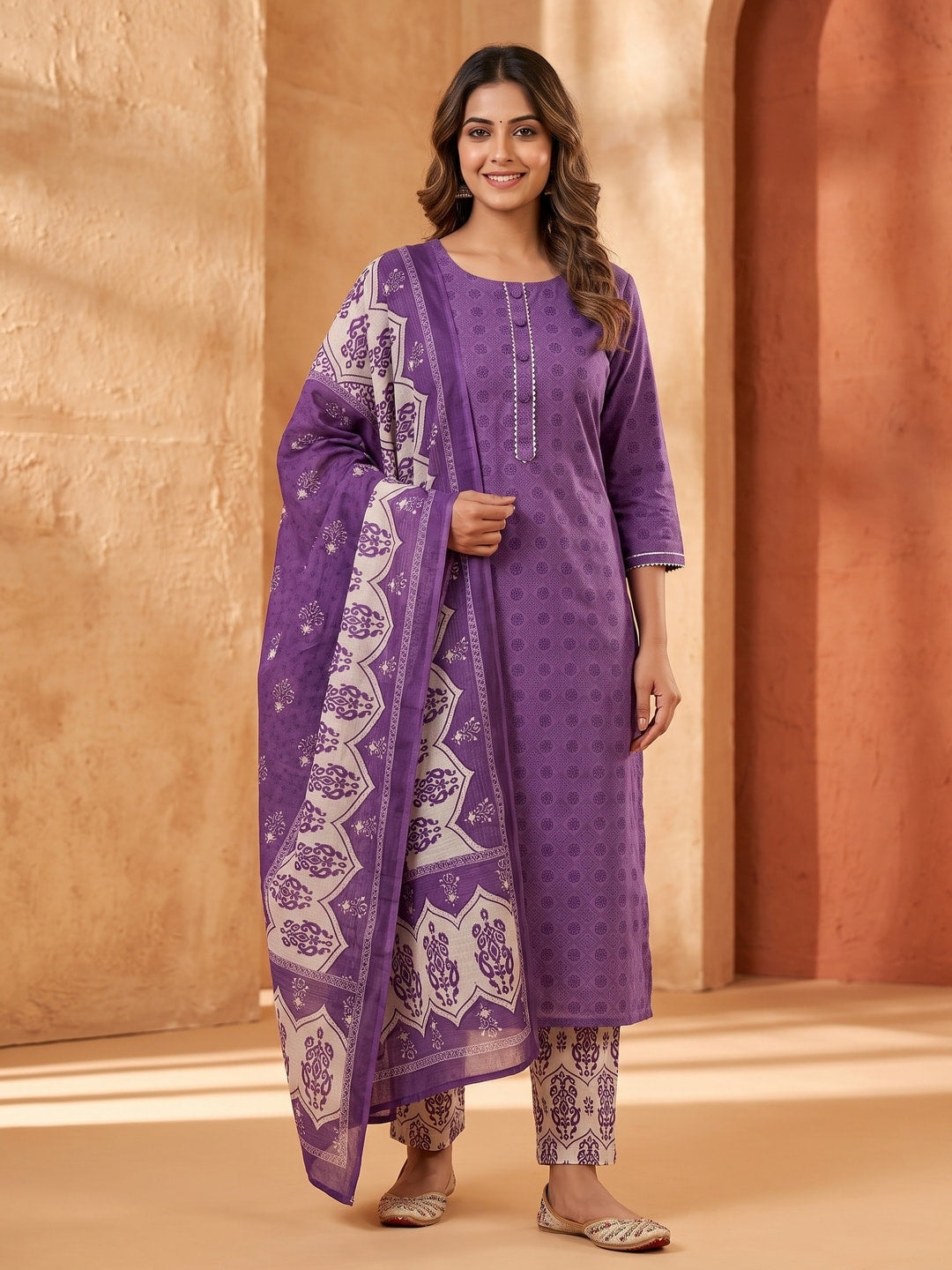 Peachmode Purple Printed Cotton Blend Dress Material - Image 2