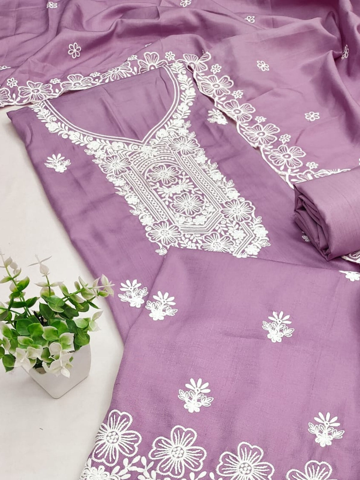 Peachmode Purple Chikankari Thread Work Jalpari Silk Dress Material - Image 5