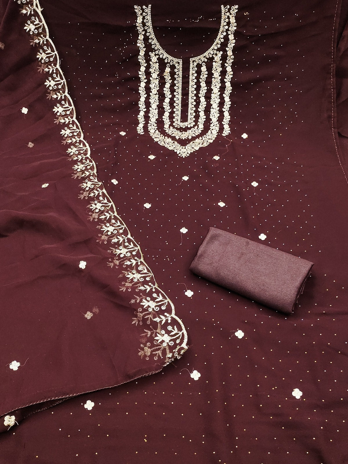 Peachmode Coffee Brown Zari Work Georgette Dress Material - Image 3