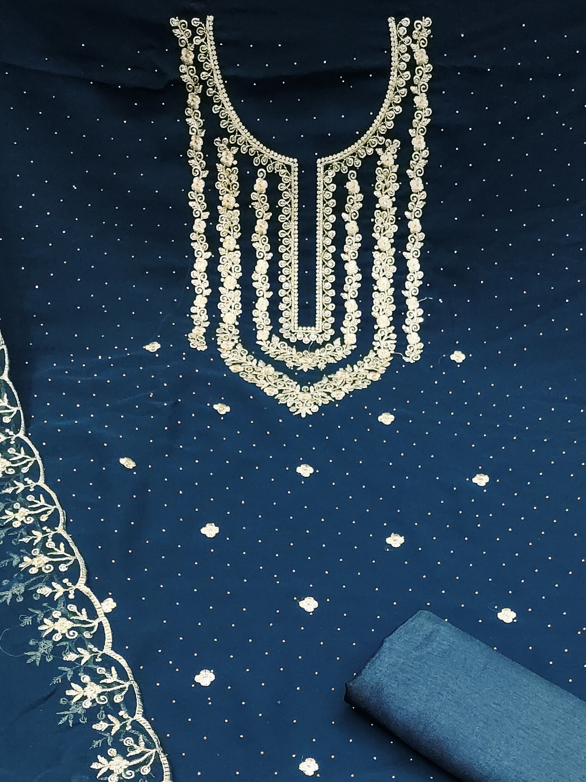 Peachmode Teal Zari Work Georgette Dress Material - Image 5