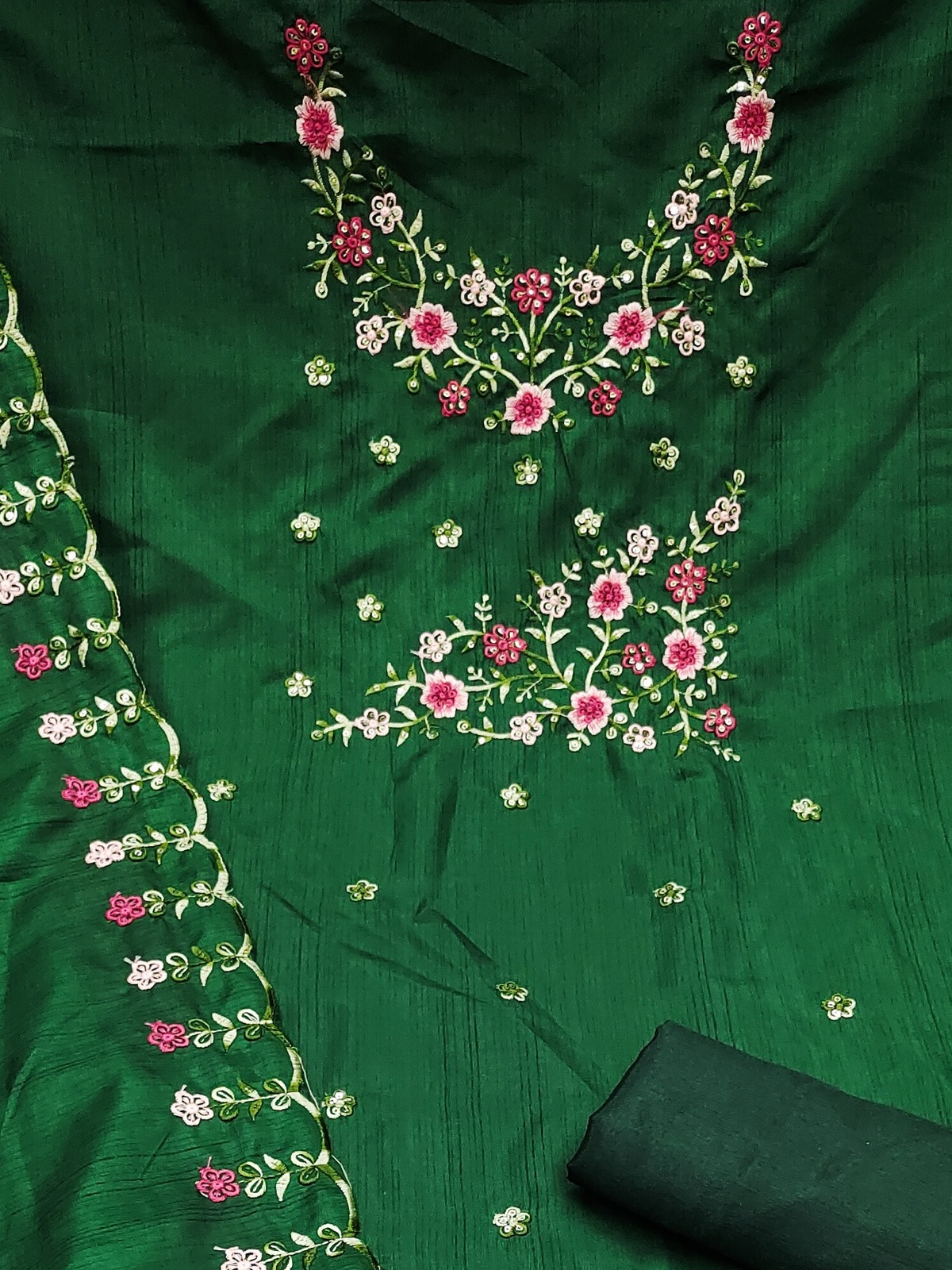 Peachmode Green Multi Thread Floral Embroidered Jalpari Silk Dress Material - Image 5