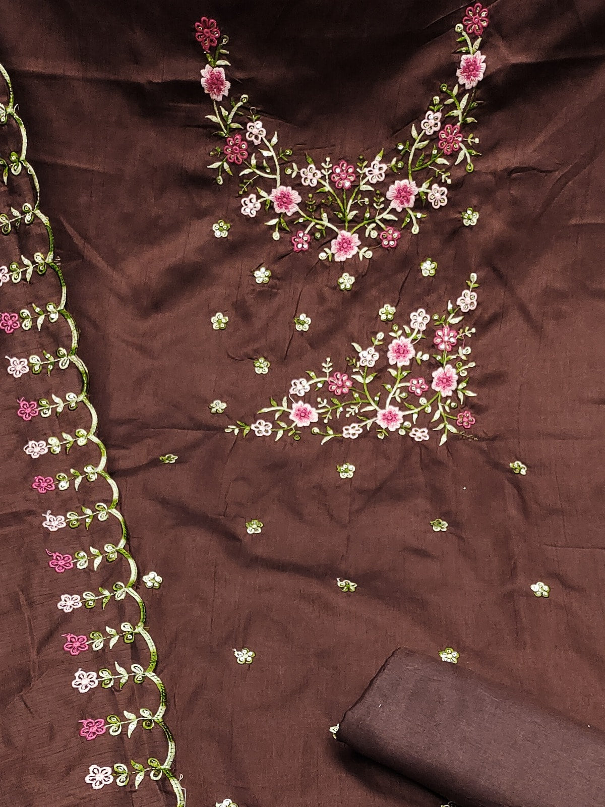 Peachmode Coffee Brown Multi Thread Floral Embroidered Jalpari Silk Dress Material - Image 5
