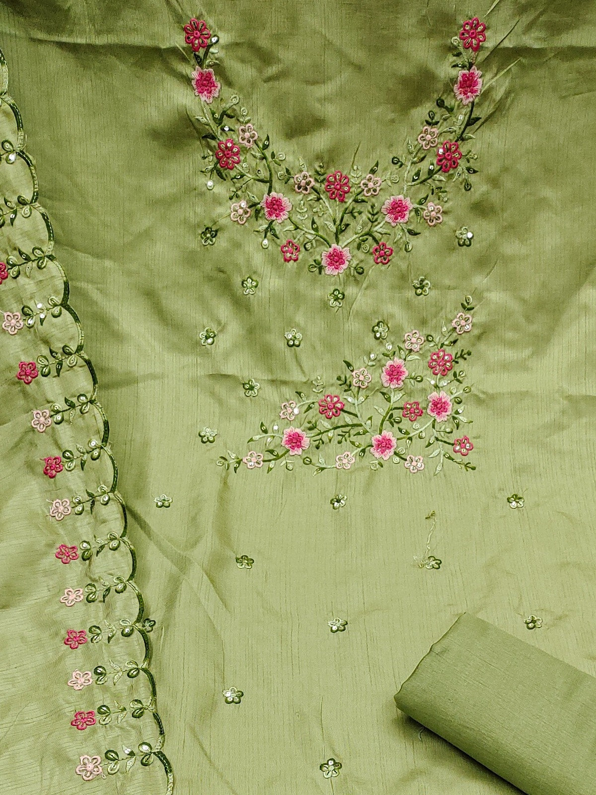 Peachmode Pista Green Multi Thread Floral Embroidered Jalpari Silk Dress Material - Image 5