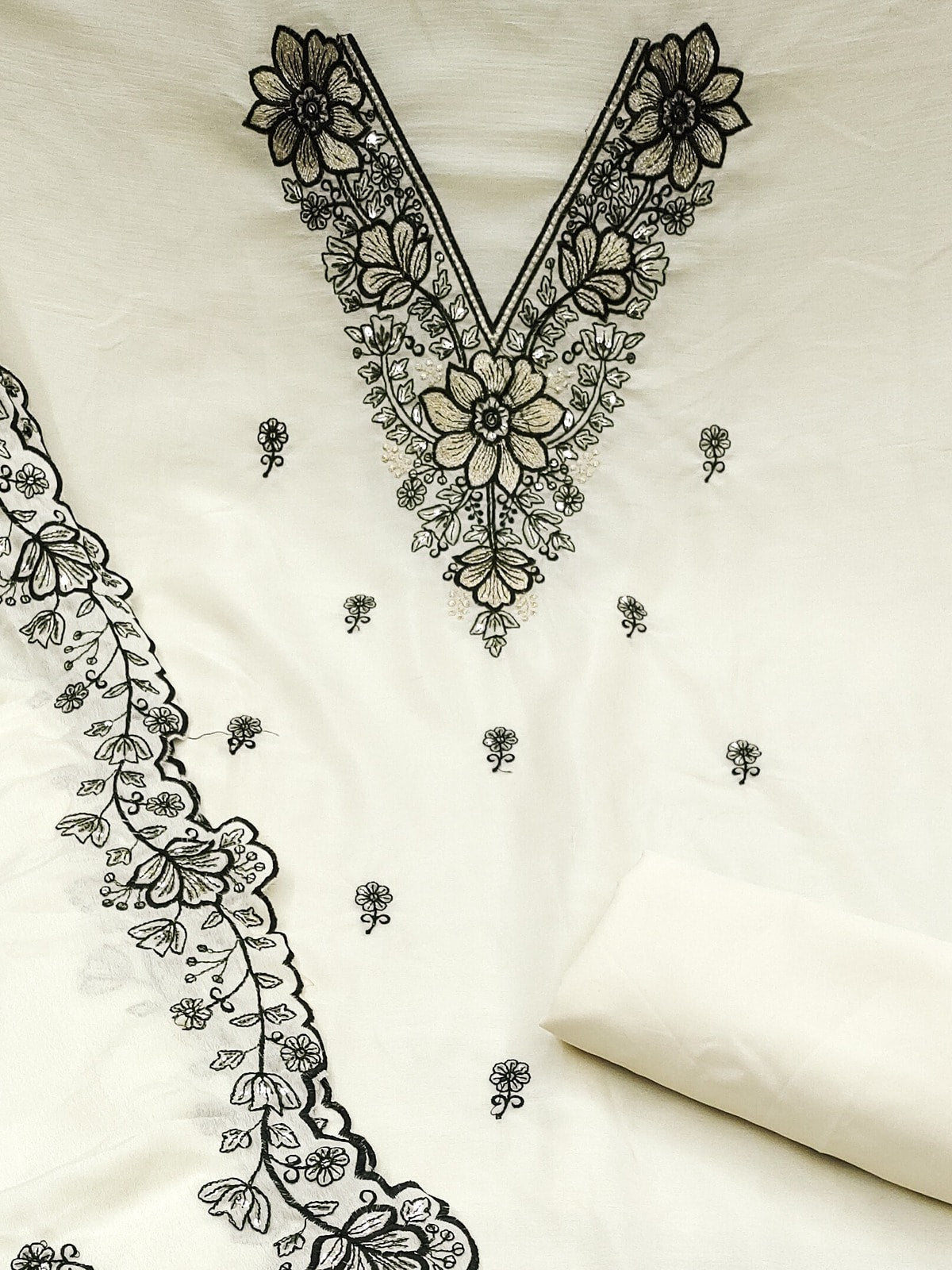 Peachmode Cream Thread Sequin Embroidered Chinon Silk Dress Material - Image 5