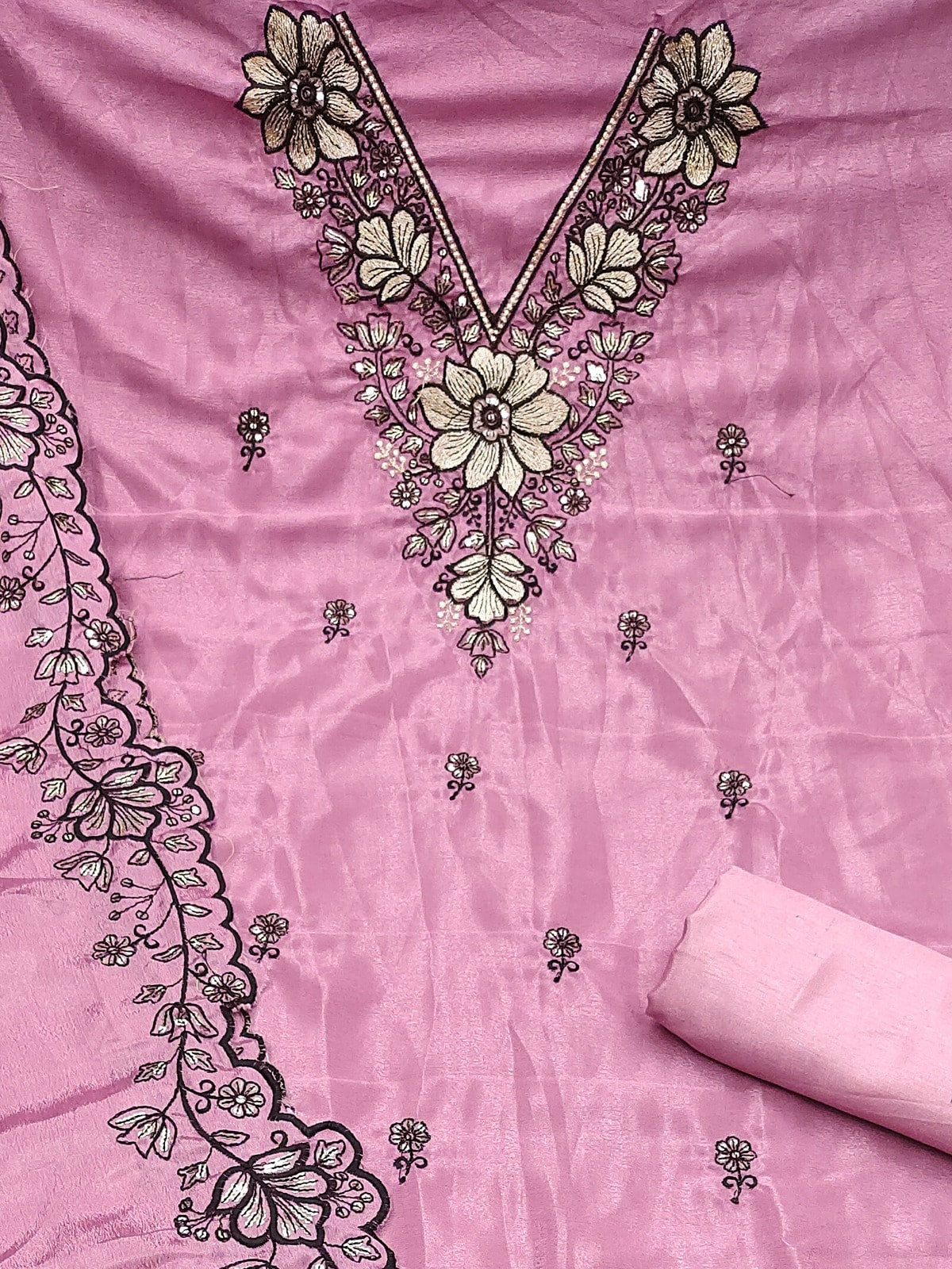 Peachmode Pink Thread Sequin Embroidered Chinon Silk Dress Material - Image 5