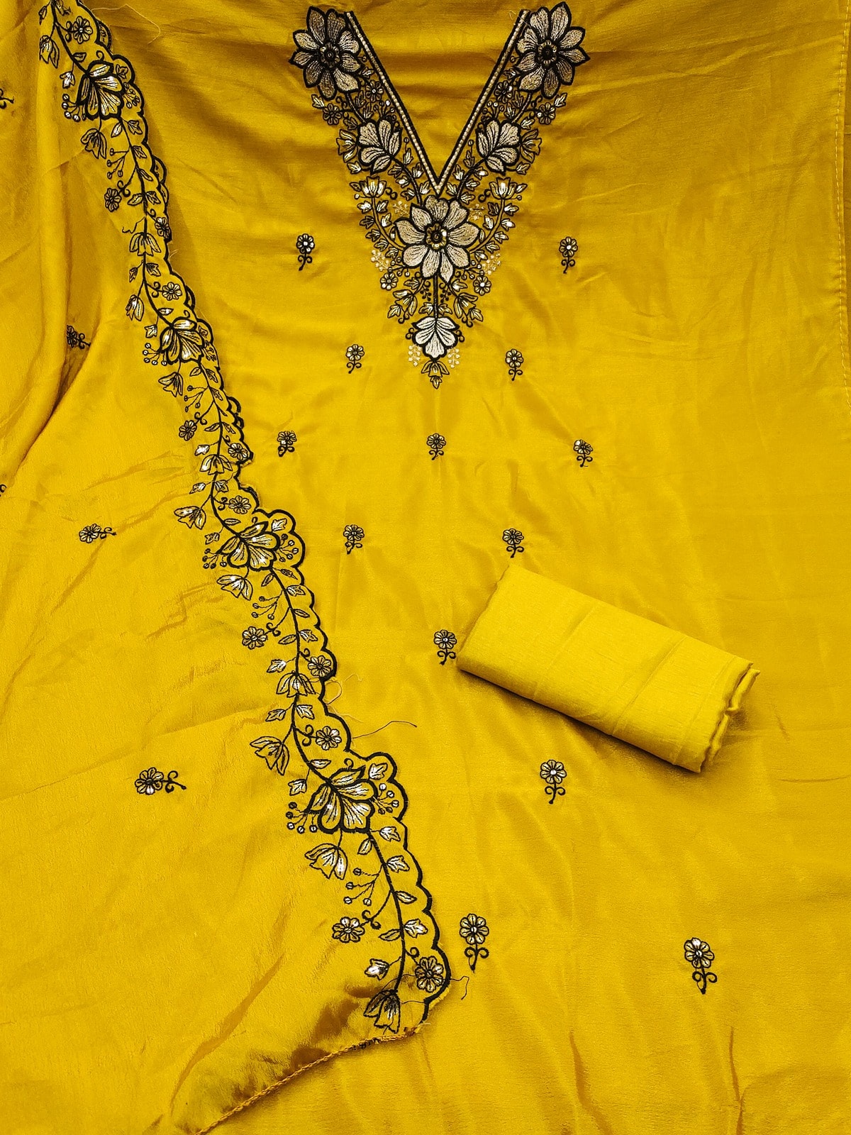 Peachmode Mustard Thread Sequin Embroidered Chinon Silk Dress Material - Image 3