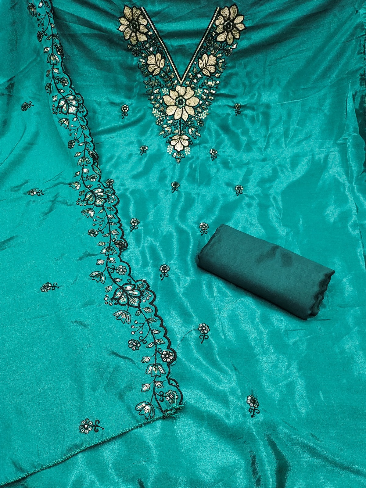 Peachmode Rama Green Thread Sequin Embroidered Chinon Silk Dress Material - Image 3