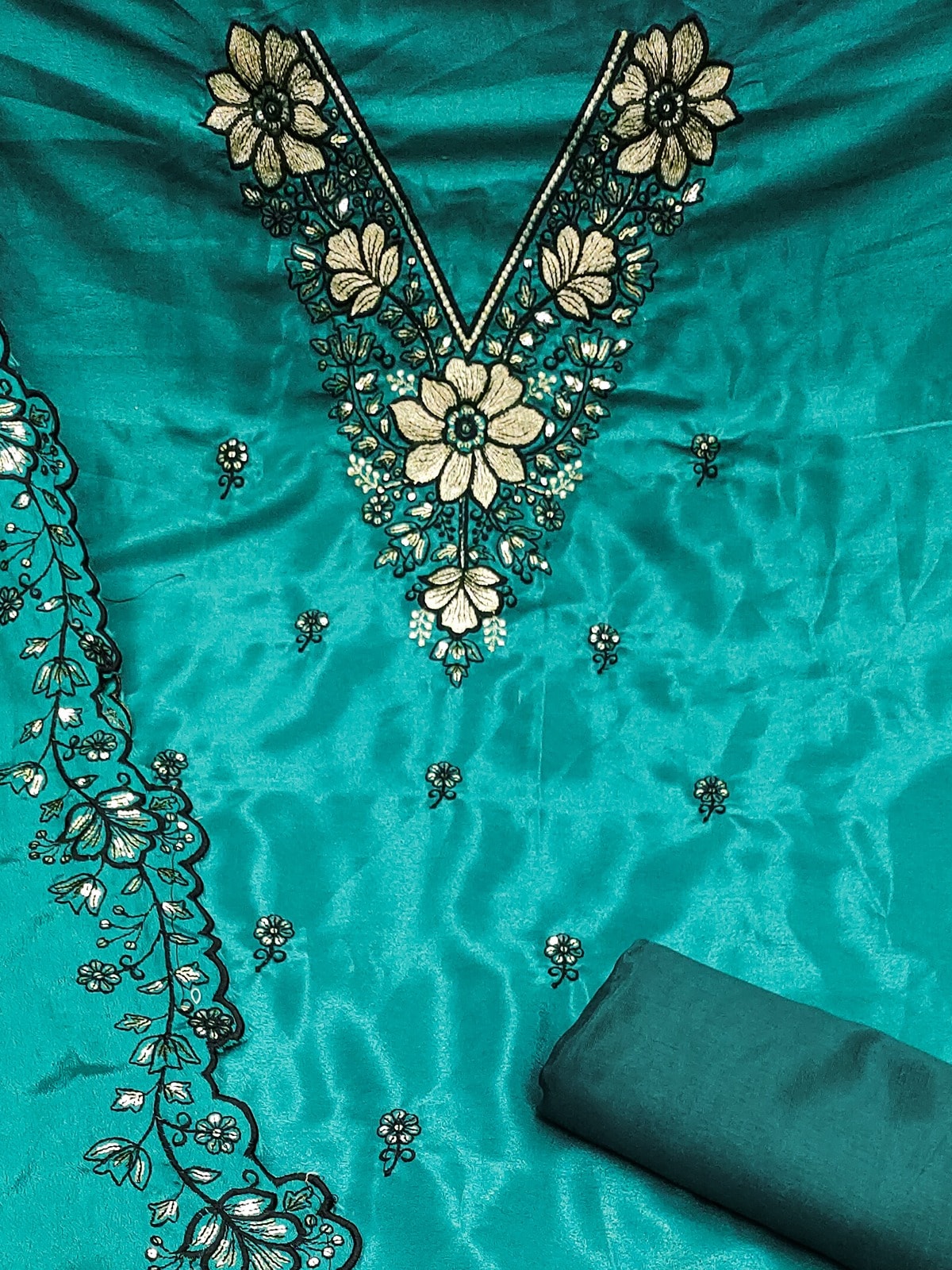 Peachmode Rama Green Thread Sequin Embroidered Chinon Silk Dress Material - Image 5