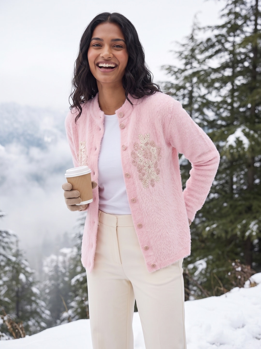 Peachmode Baby Pink Woolen Embroidered Cardigan - Image 2