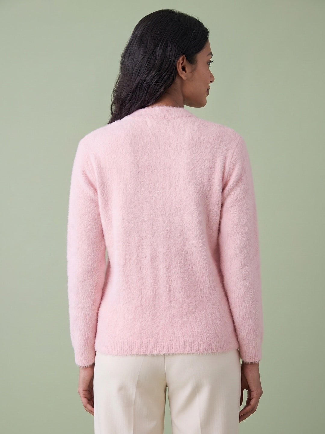 Peachmode Baby Pink Woolen Embroidered Cardigan - Image 4