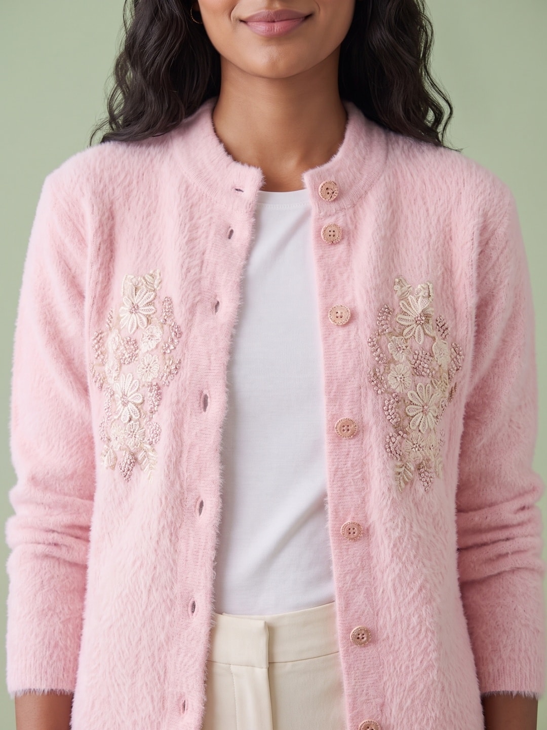 Peachmode Baby Pink Woolen Embroidered Cardigan - Image 5