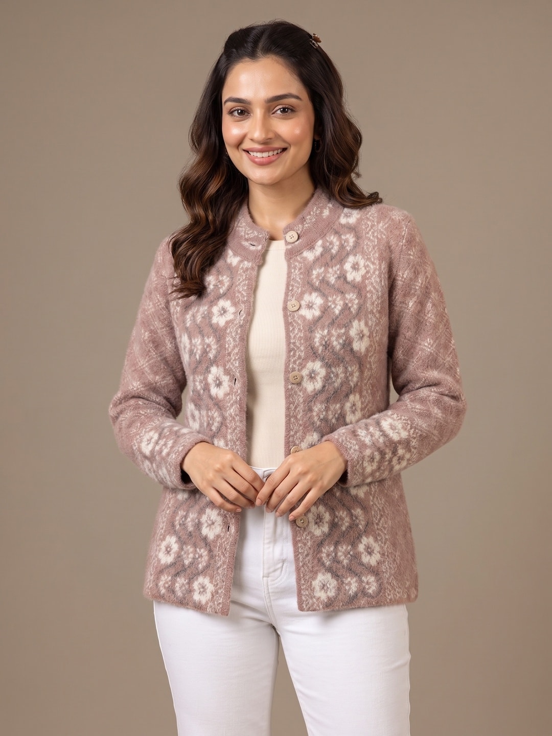 Purple Floral Vine Woolen Cardigan - Image 1