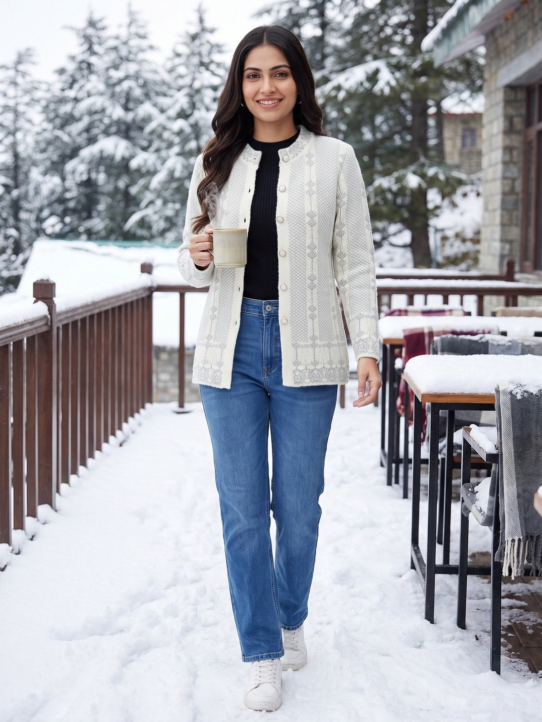 Peachmode Cream Leaf Jacquard Embroidered Woolen Cardigan - Image 2