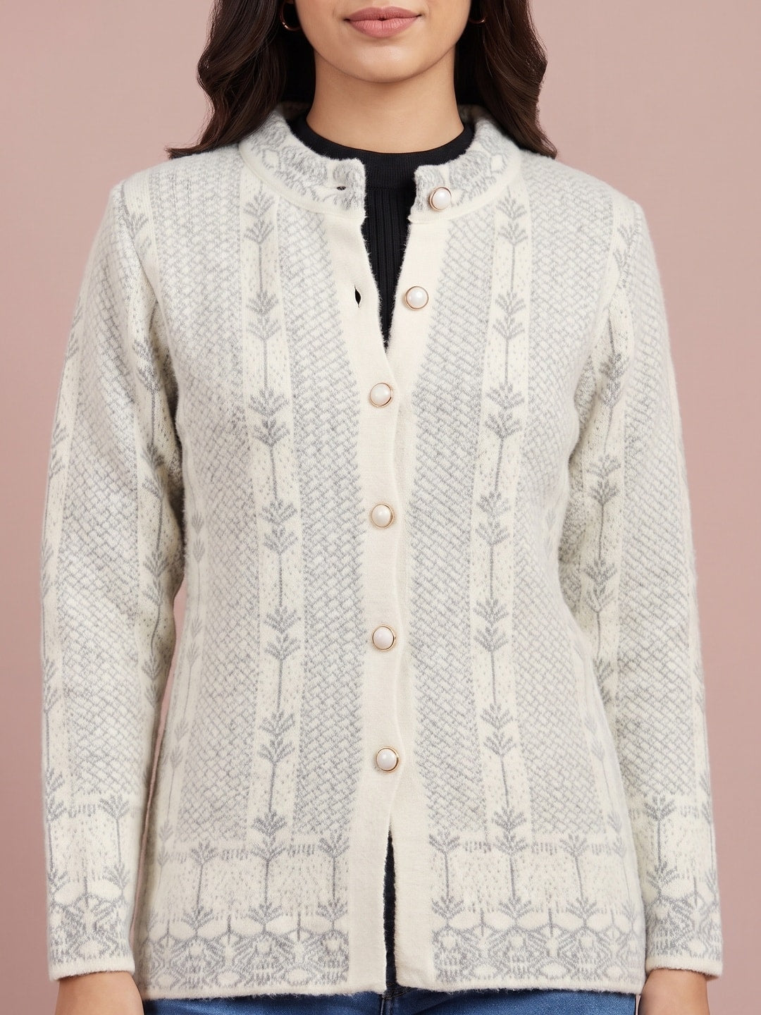 Peachmode Cream Leaf Jacquard Embroidered Woolen Cardigan - Image 5