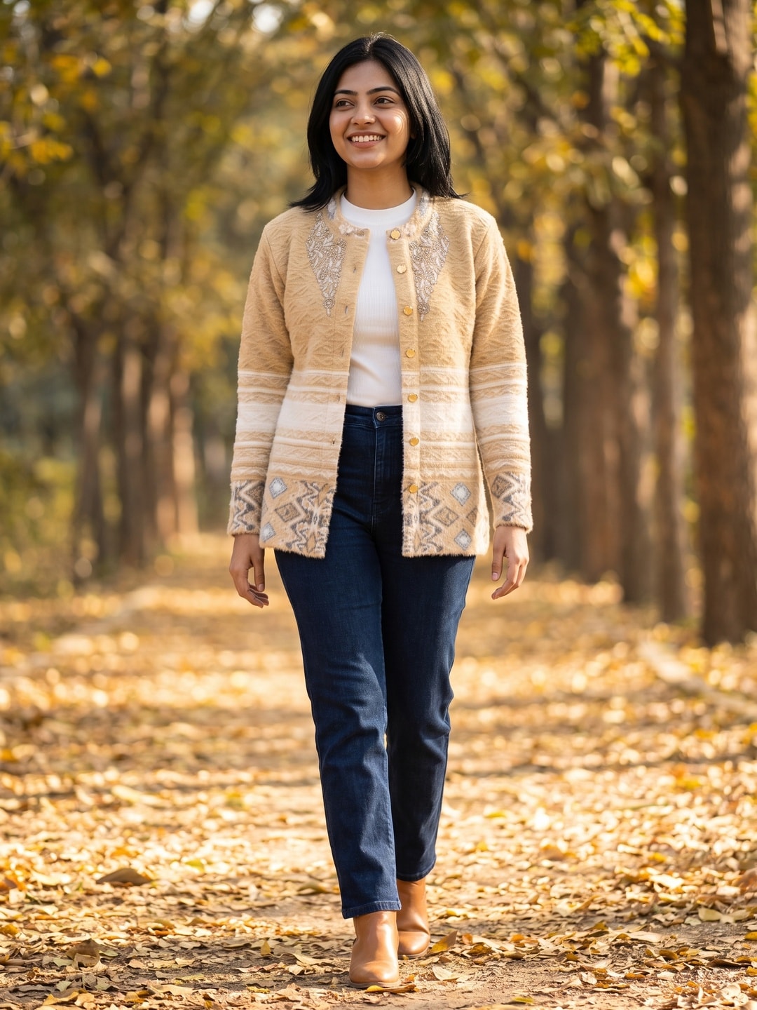 Peachmode Beige Cable Knit Aztec Border Woolen Cardigan - Image 2