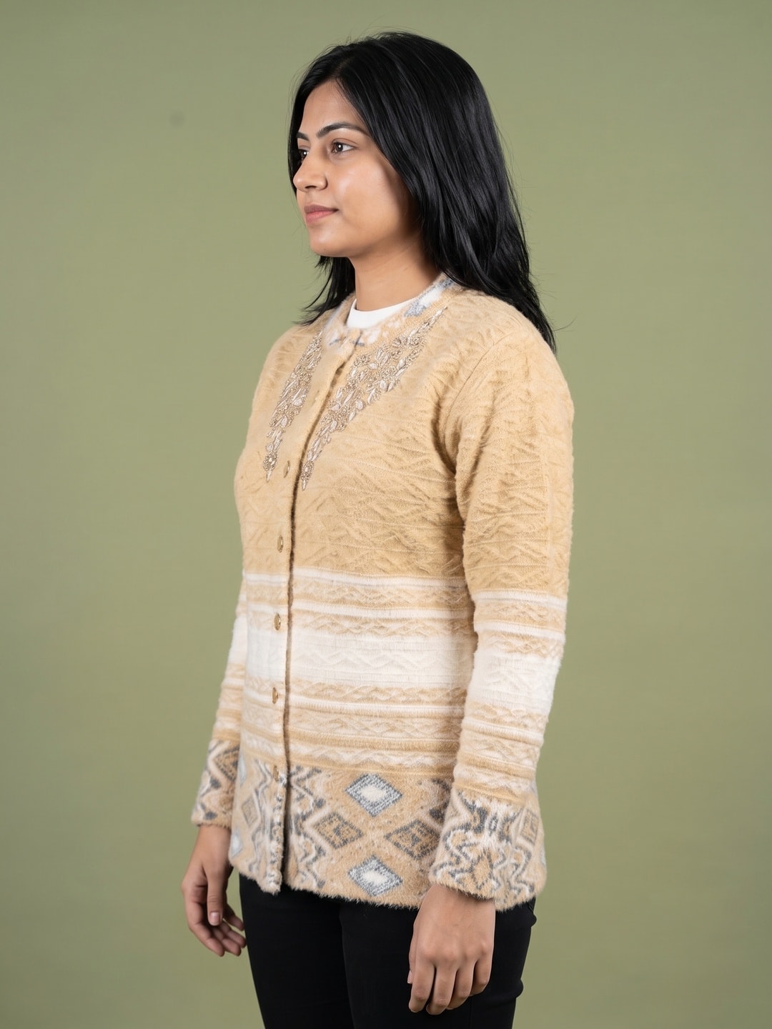 Peachmode Beige Cable Knit Aztec Border Woolen Cardigan - Image 3
